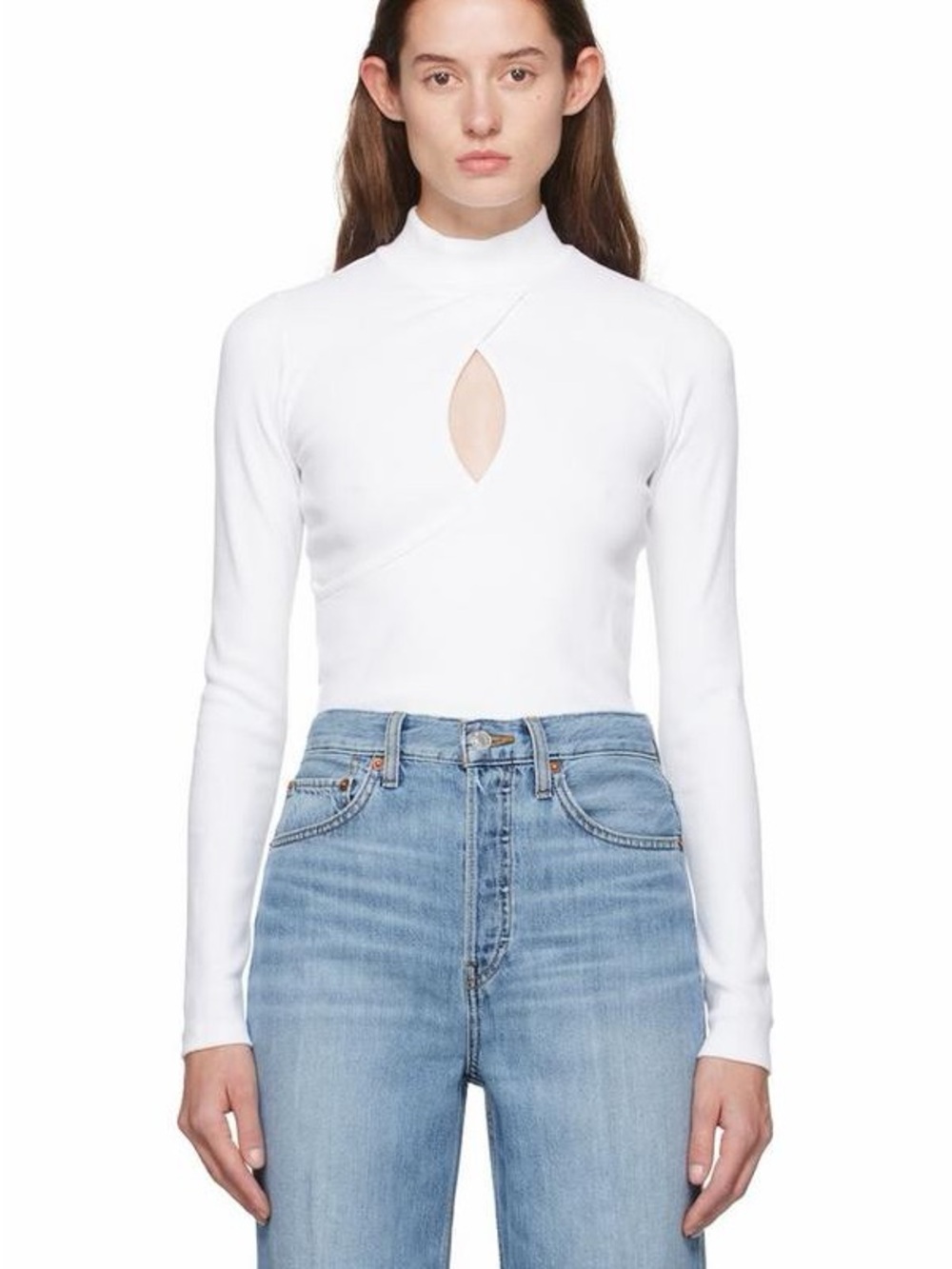 Re/Done White Long-Sleeve Mock Neck Top with Front Keyhole